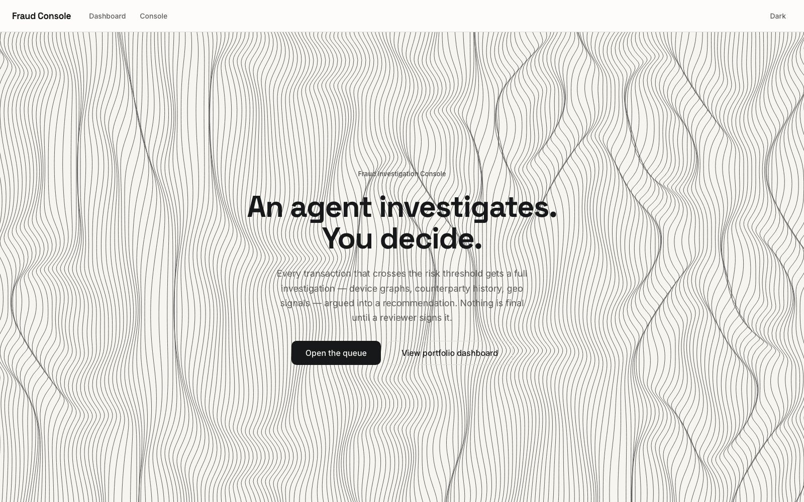 Fraud Investigation Console live dashboard
